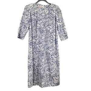 Vintage Henry Lee Petites Blue White Floral Swirls 3/4 Sleeve Shift Dress